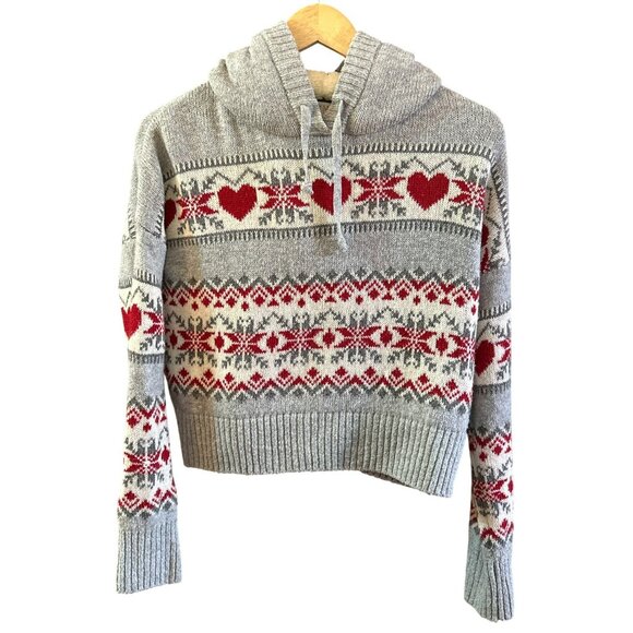 Cozy Ruby Moon Gray Red Heart Print Fair Isle Hoodie Sweater Sz S Sherpa Lining - Picture 1 of 5
